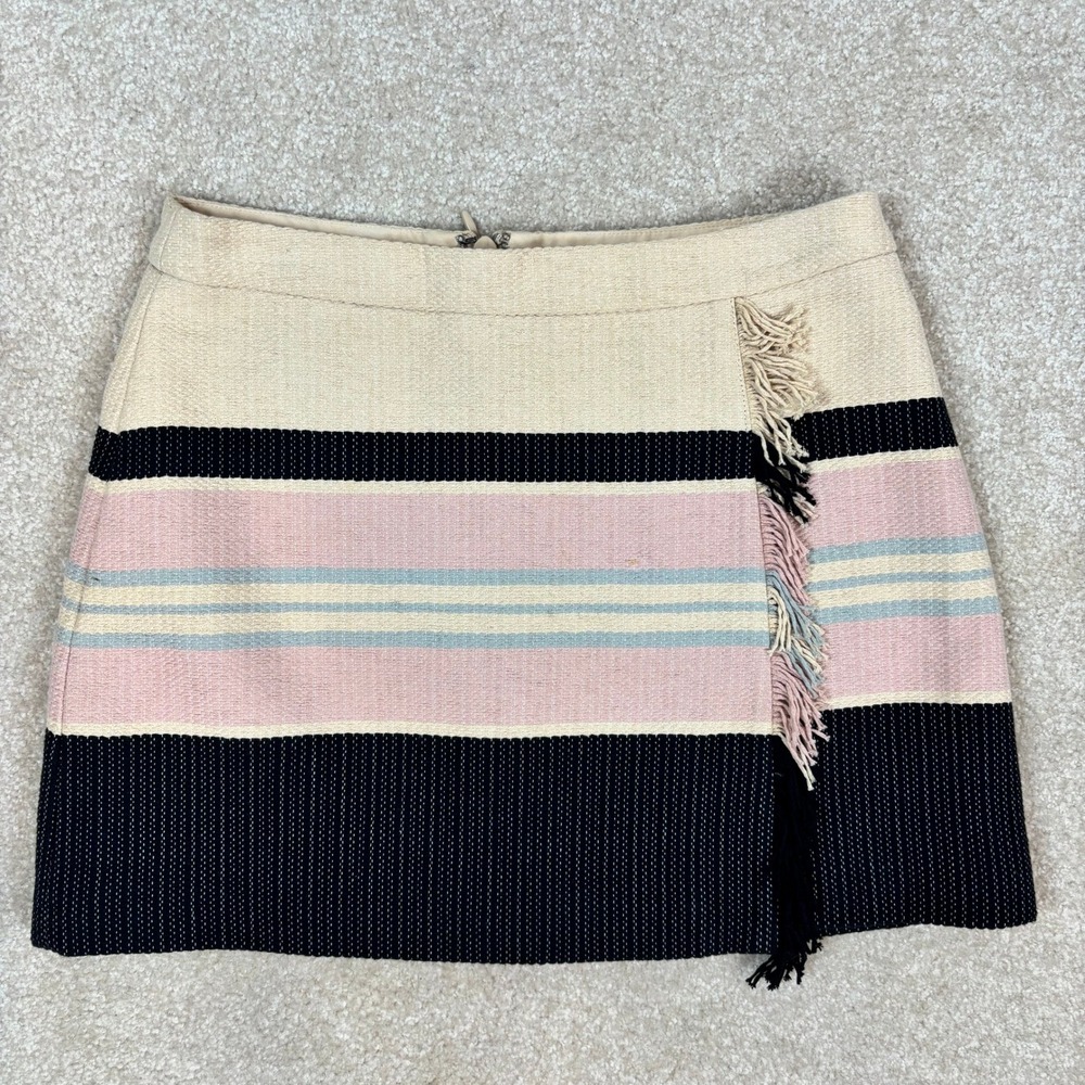 BCBGMAXAZRIA Mallika Striped Fringe Mini Skirt Pink Blue Cream Black Size 2